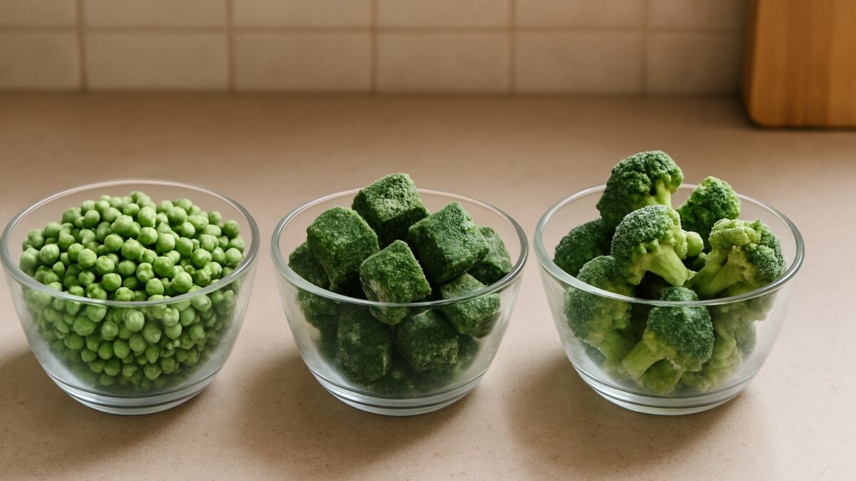 Petits pois, épinards et brocoli surgelés dans trois bols en verre