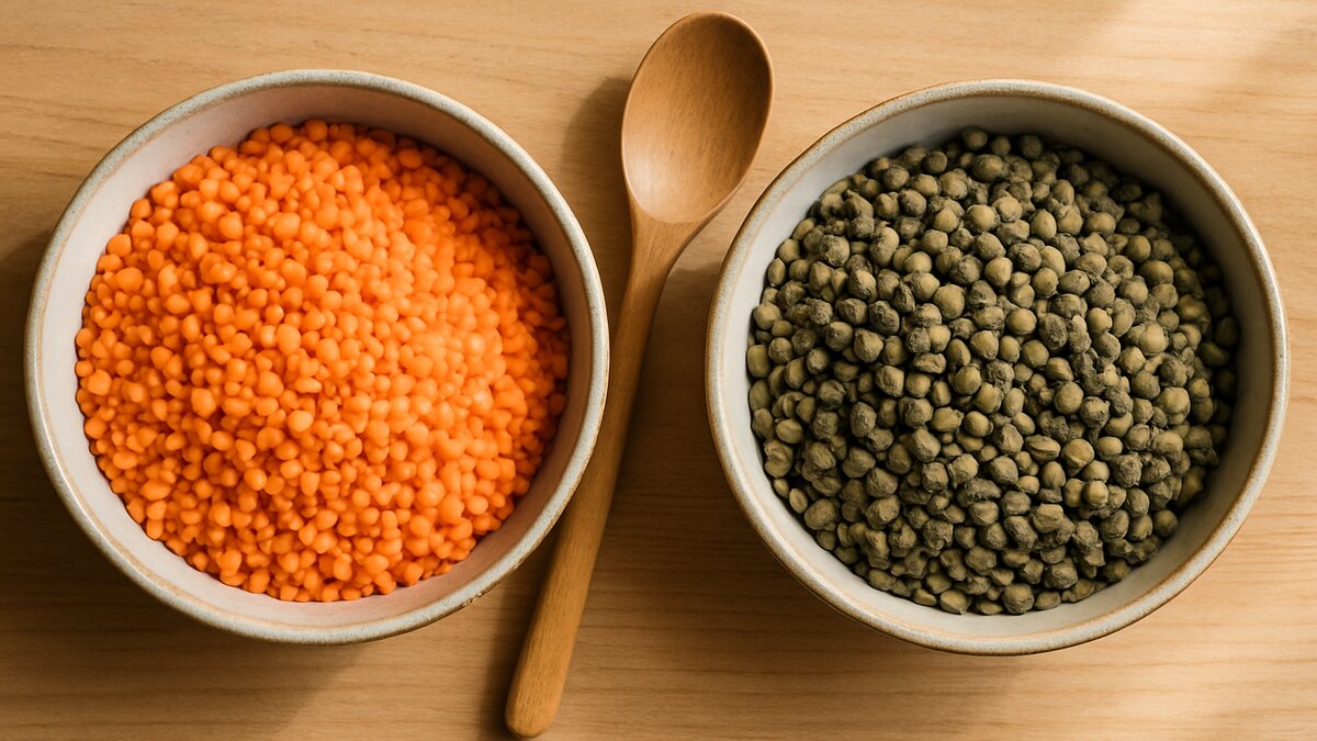 Un bol de lentilles corail et un bol de lentilles vertes, côte à côte